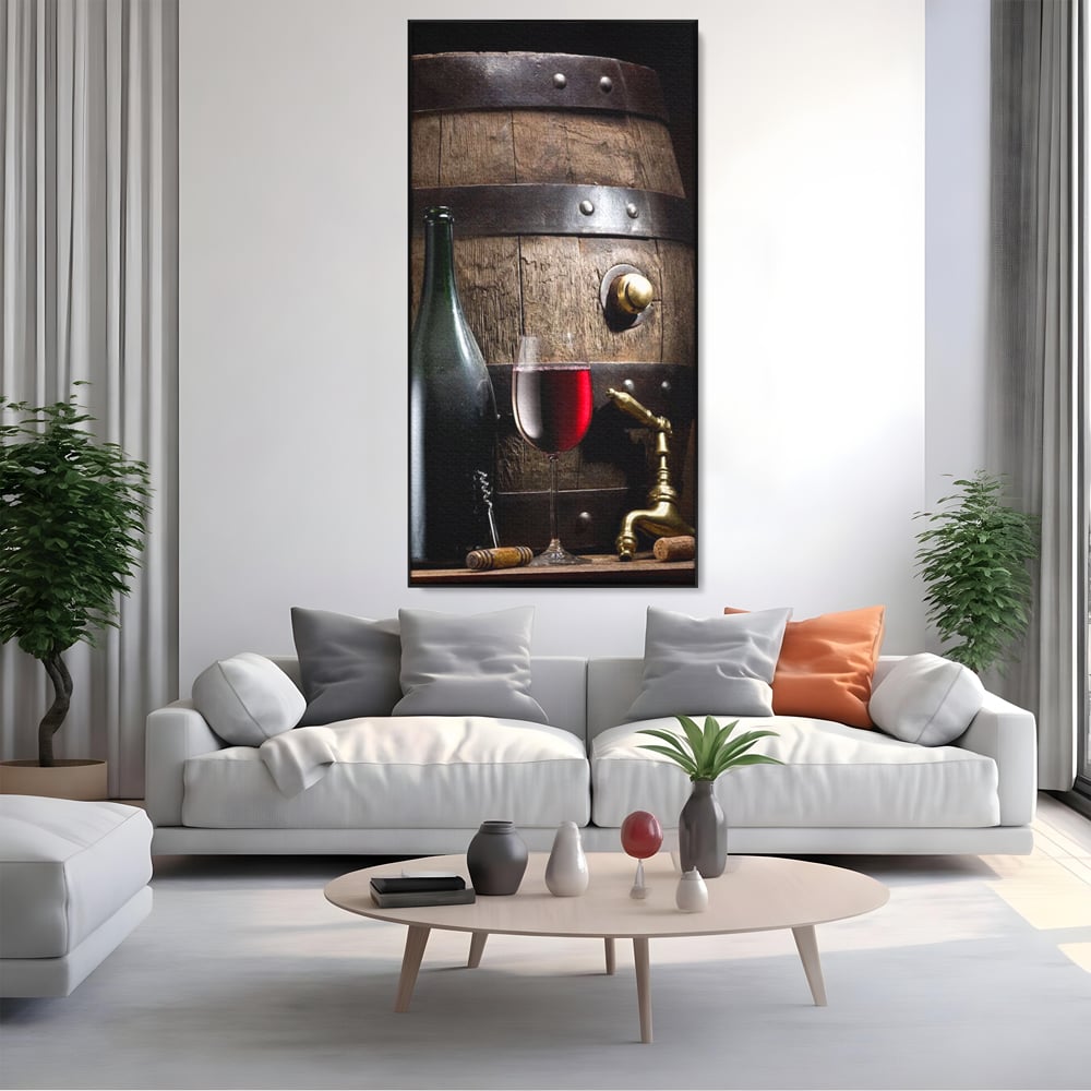 Tablou canvas cu tablou canvas cu butoi si vin, in rama de aluminiu negru, pe perete intr-un living